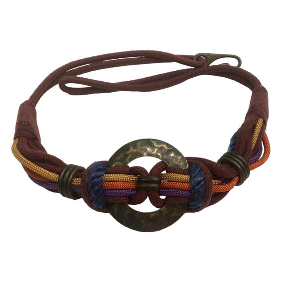 Multi Color Earthy Obi Knot Belt w Brass Rings | Gypsy Boho | 34 - 40" - Picture 2 of 10